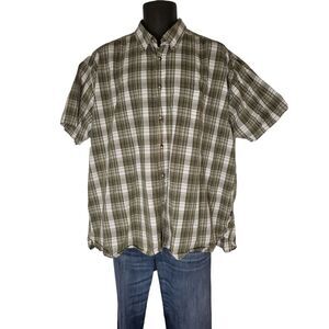 Wrangler Button Up Shirt Men Sz XXL Green And‎ White Wrinkle Resist Short Sleeve